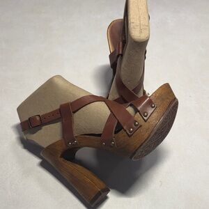 Charles David Tan Leather Crisscross Mules